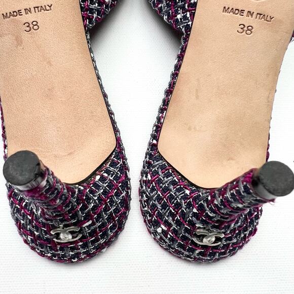 CHANEL Tweed Grosgrain CC Mules EU 38 US 7.5-8 Black Purple Pointed Toe Heels - Picture 11 of 15